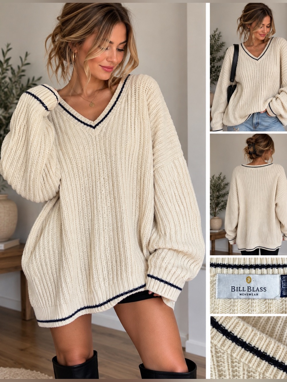 Bill Blass Cream Navy V-Neck Sweater XXL Oversized Preppy Y2K